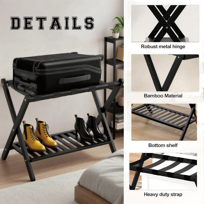 GAOHAPY Bamboo Luggage Rack with Shoe Shelf Folding Suitcase Stand with 5 Heavy-Duty Straps for Guest Room Living Room Hotel Ideal Luggage Holder for Suitcases Bags Shoes,Black - Image 2